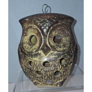 vintage 1970s brown stoneware hanging‎ Owl tea light holder MCM double sided